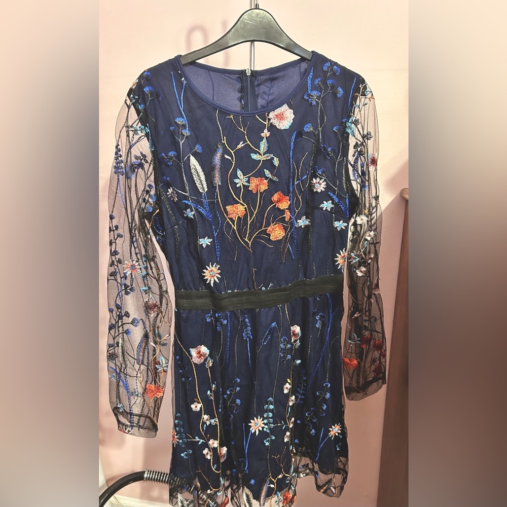Blue transparent sleeve dress with embellishment
